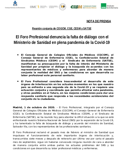 Foro Profesional falta dialogo Ministro COVID19